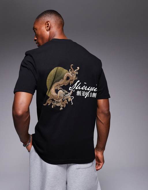 River Island - T-shirt met print van Japanse draak op de achterkant in zwart