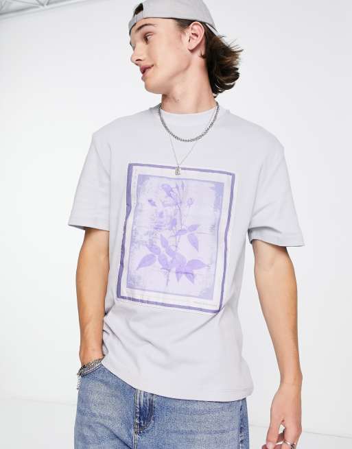 River Island - T-shirt met textuur en rozenprint in grijs