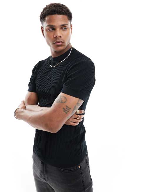 River Island - T-shirt moulant en maille pointelle - Noir