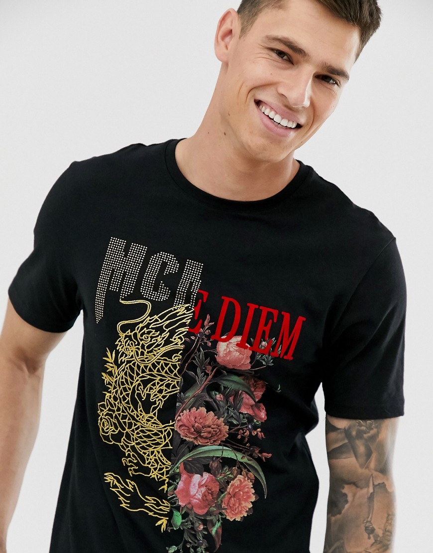 River Island - T-shirt nera con drago-Nero