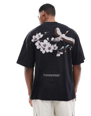 River Island - T-shirt oversize avec broderie grue - Noir