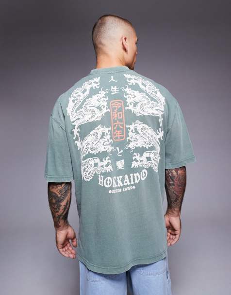 River Island – T-shirt oversize w spranym zielonym kolorze z japońskim nadrukiem - view 1