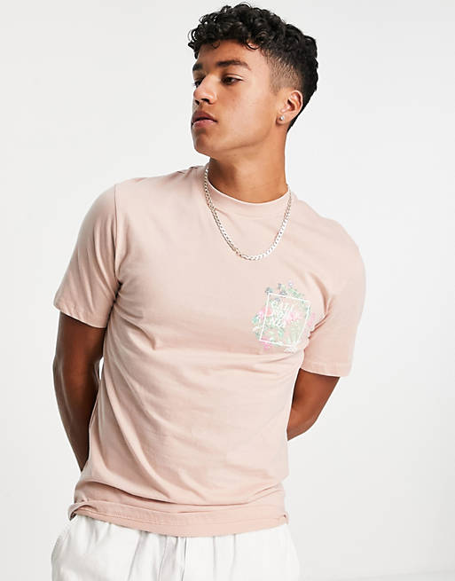 Men River Island t-shirt with California floral back print in pink 