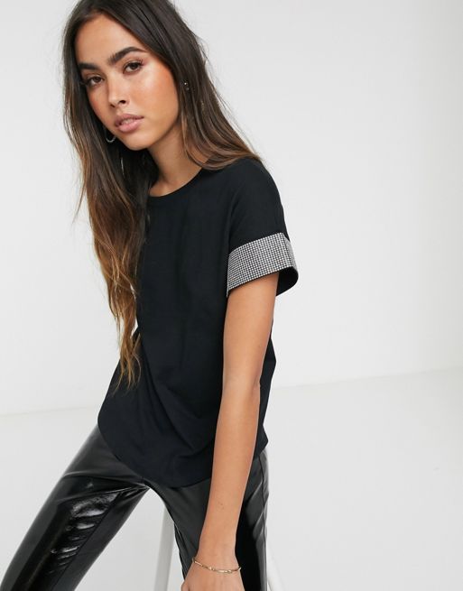 River Island t-shirt with embellished cuffs in black | ASOS