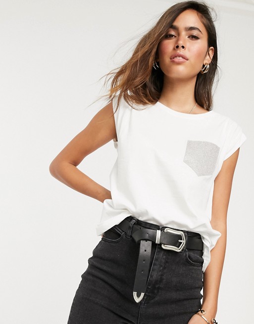River Island t-shirt with embellished pocket in white