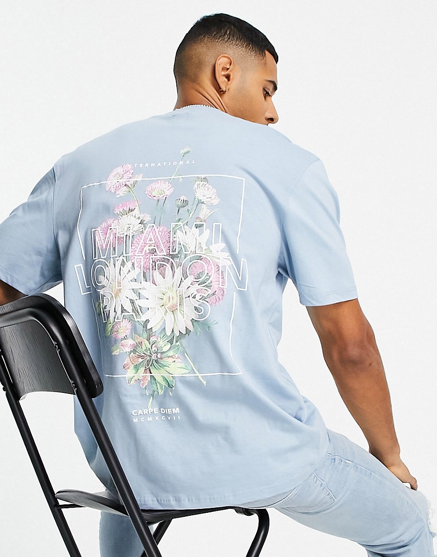 River Island t-shirt with Miami floral back print in blue-Blues