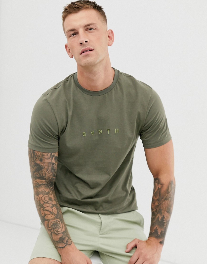 River Island t-shirt with synth print in khaki-Green