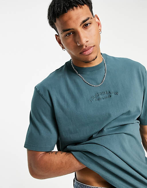 River Island t-shirt with text embroidery in washed blue | ASOS