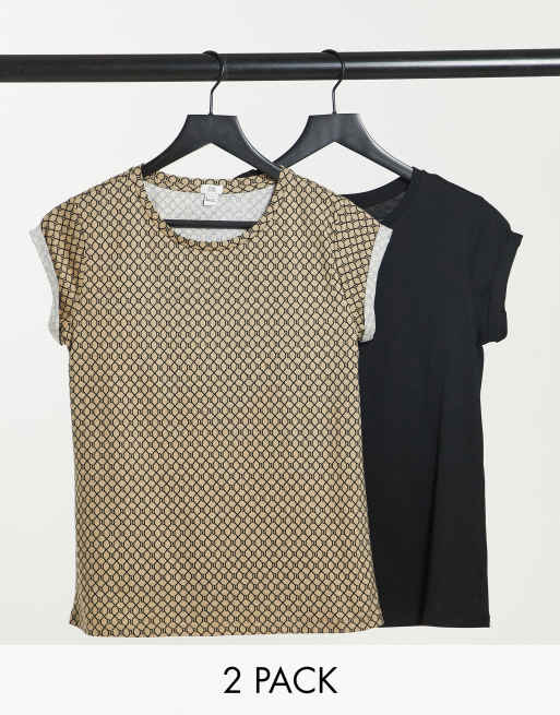 River Island – T-Shirts in Braun und Schwarz mit Monogramm-Design im 2er-Pack