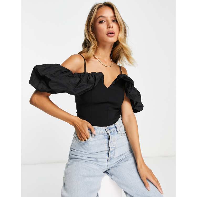 River Island taffetta bardot top in black ASOS