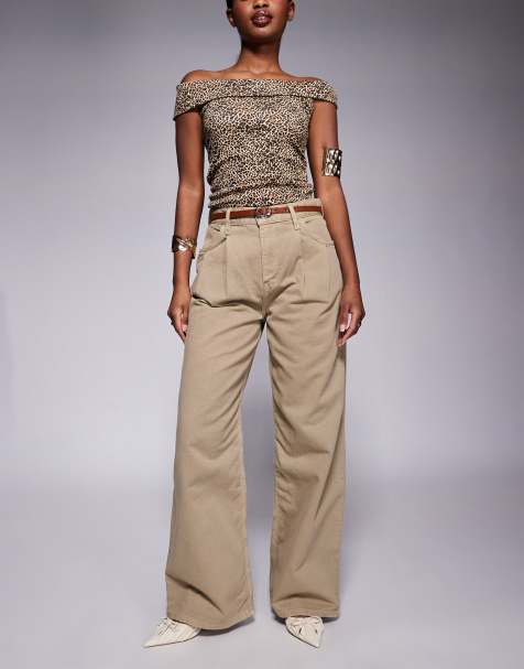 River Island tailored baggy jeans with detachable belt in dark beige - view 1