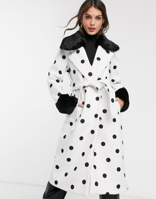 Faux Fur Collar And Cuffs In White Spot, River Island Wrap Coat With Faux Fur Collar And Cuffs In Pink