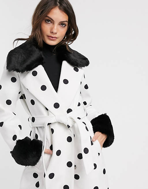 Faux Fur Collar And Cuffs In White Spot, River Island Wrap Coat With Faux Fur Collar And Cuffs In Pink