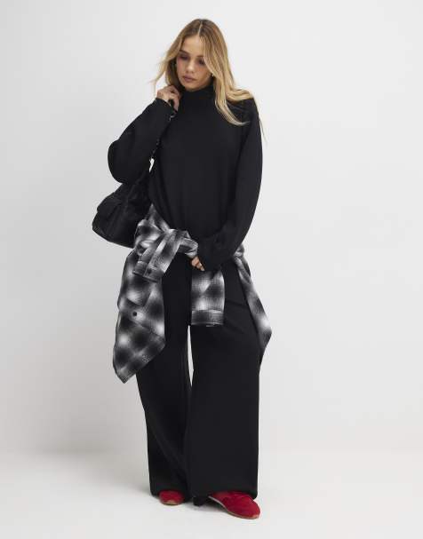 River Island Tailored jersey wide leg trousers in black