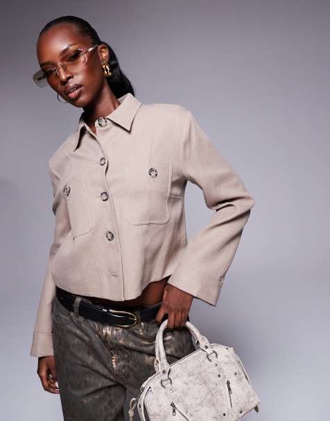 River Island tailored linen overshirt in beige - view 1