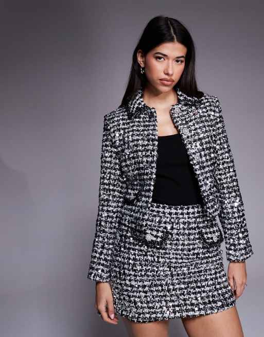River Island tailored sparkle boucle mini skirt in black, 2 of 5