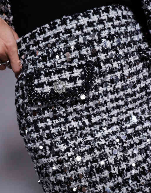 River Island tailored sparkle boucle mini skirt in black, 3 of 5