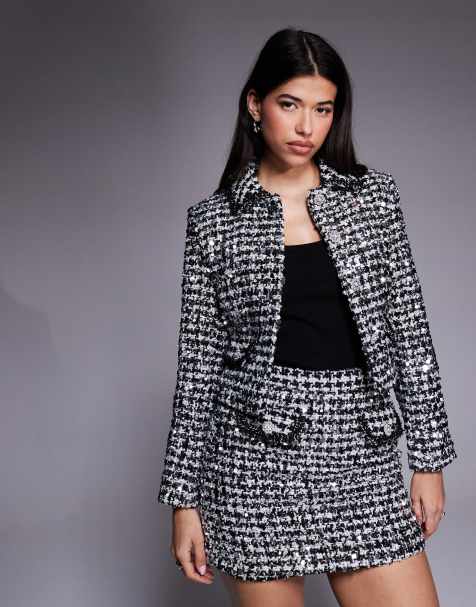 River Island tailored sparkle bouclé set in black - view 1