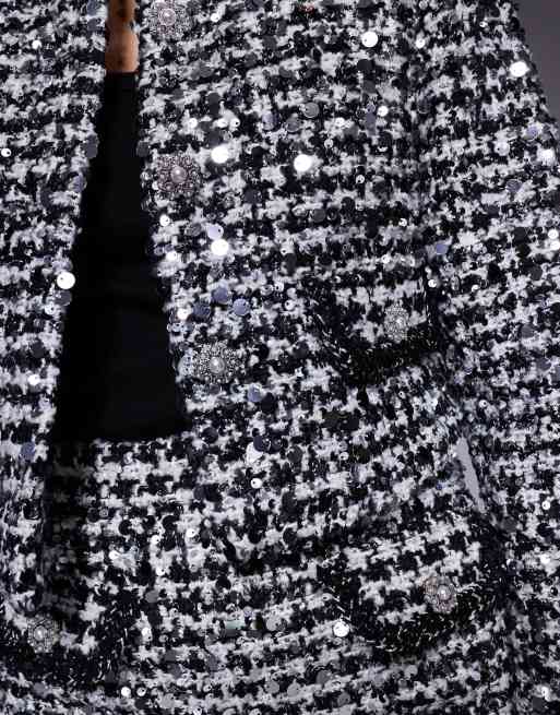 River Island tailored sparkly boucle jacket in black , 3 of 4