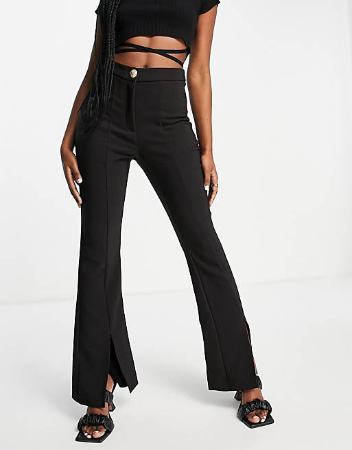 Women River Island tailored split front flared trousers in black 