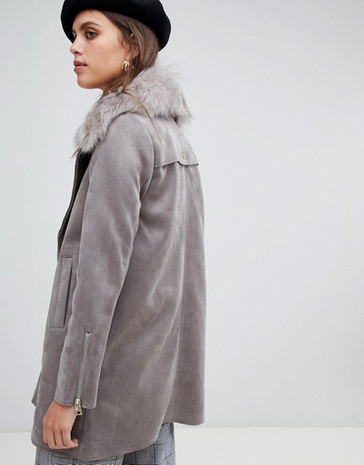 ãRiver Island tailored suedette coat with faux fur collar in grey asosãçåçæå°çµæ