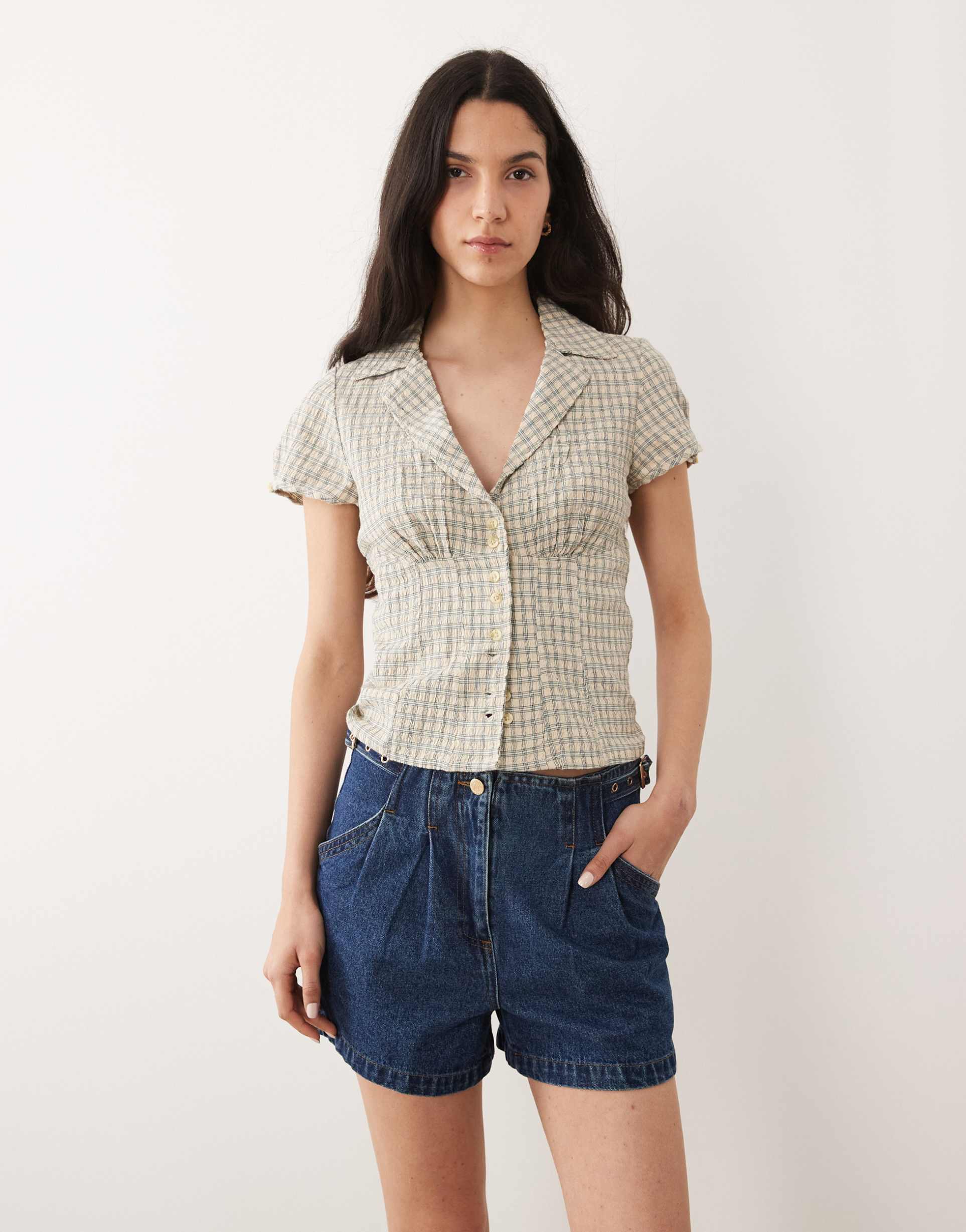 river island tailored tab detail denim shorts in medium denim