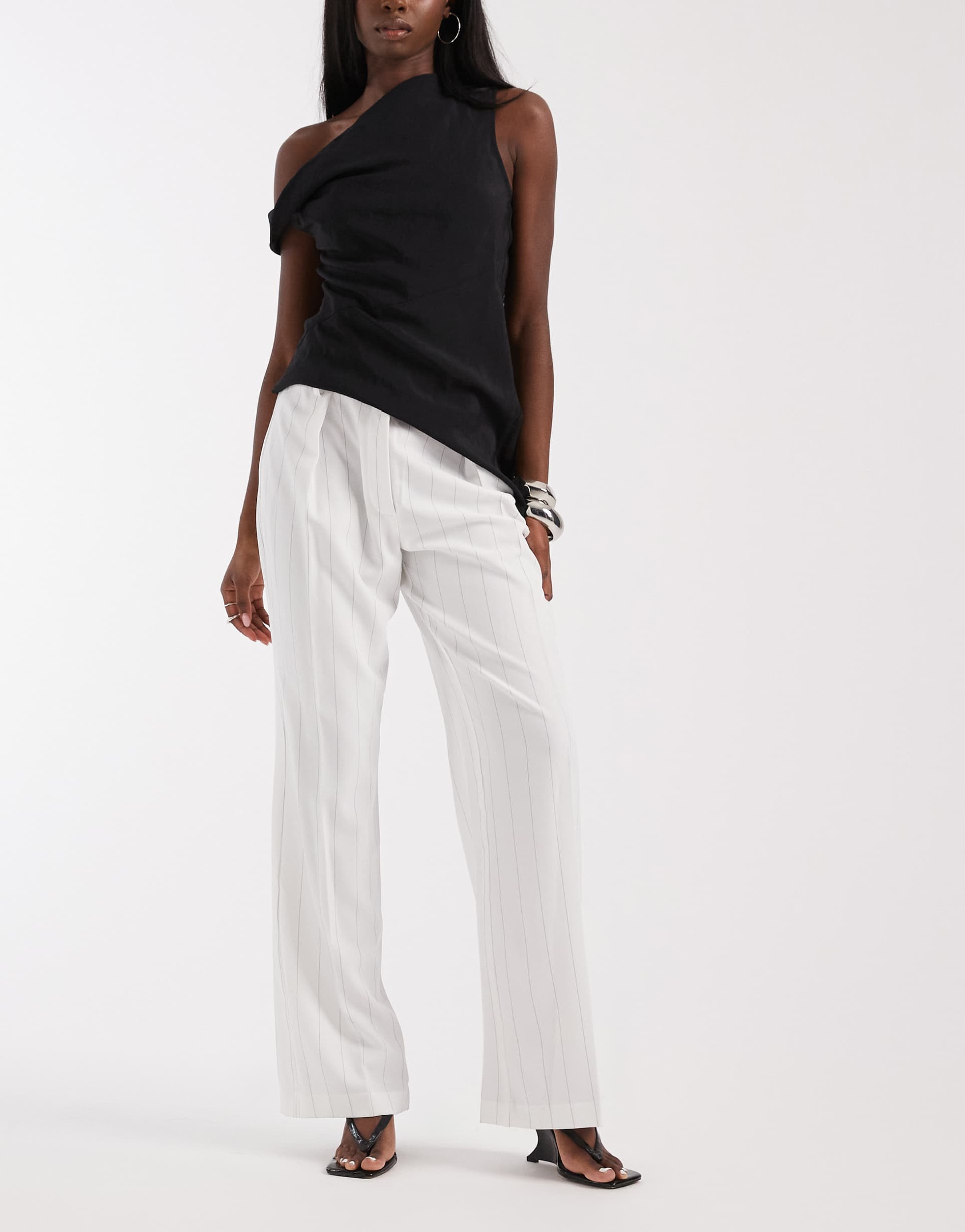 river island tailored wide leg pants in cream pinstripe