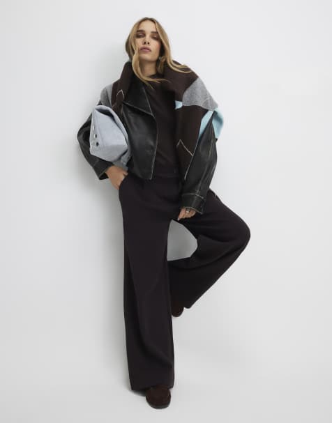 River Island Tailored wide leg trousers in brown - dark