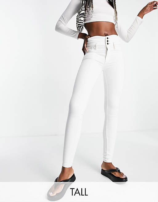  River Island Tall button front high rise skinny jeans in white 