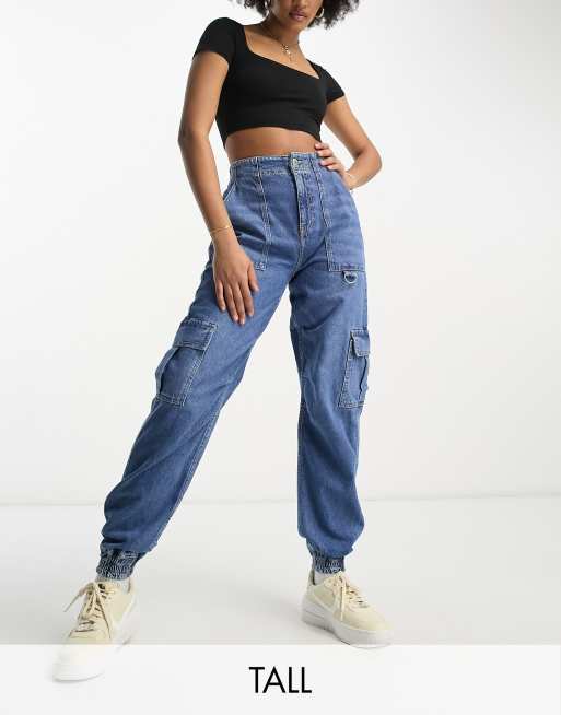 Tall High Waisted Denim Cargo Track Pants