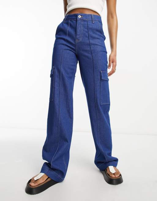 Mid Blue Wash Cargo Pocket Detail Wide Leg Jeans