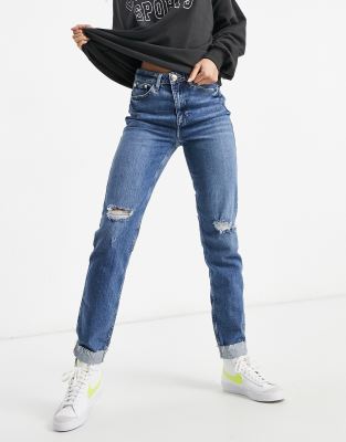 tall mid blue distressed mom jeans