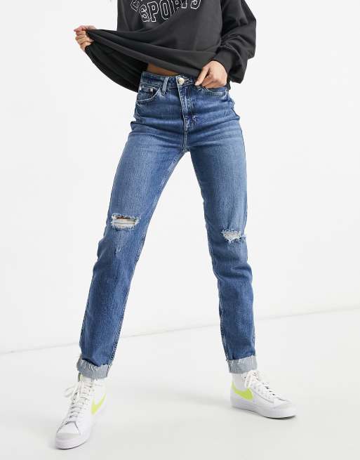 River Island Tall - Carrie - Mom jeans effetto invecchiato blu medio, 4 di 4