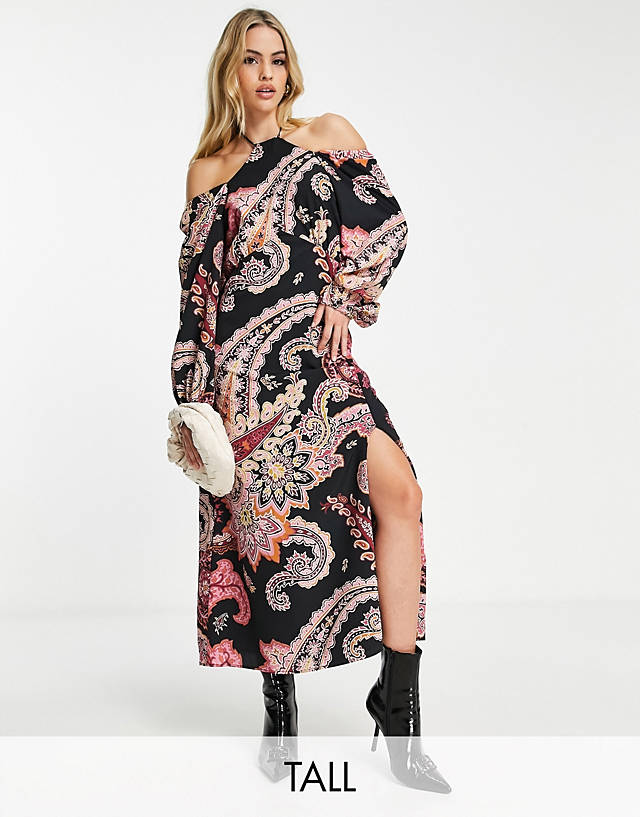River Island Tall - cut out neck maxi dress in black paisley print