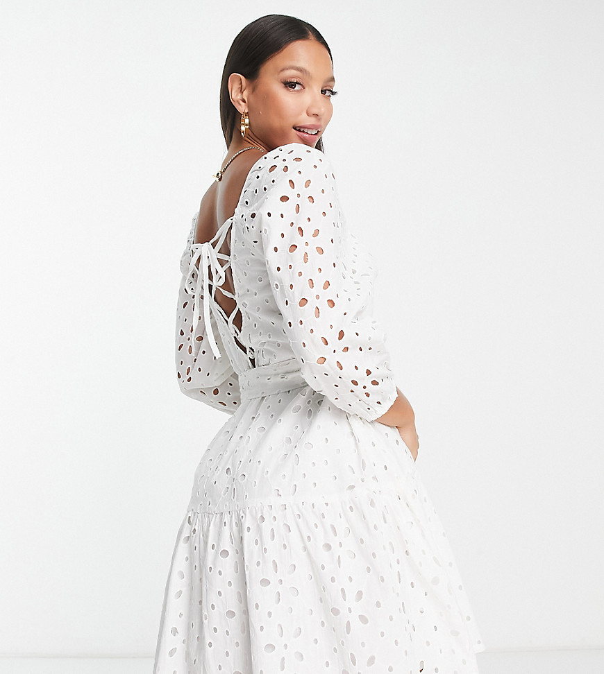 River Island Tall eyelet belted mini dress in white