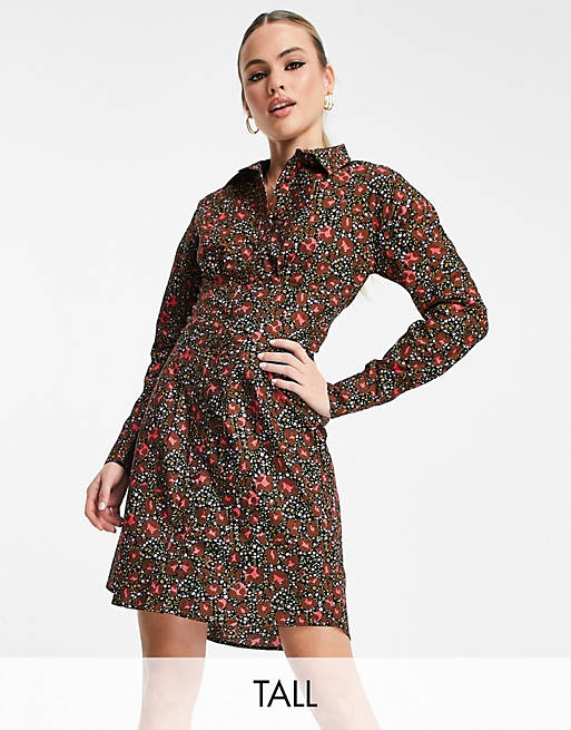 River Island Tall floral pintuck shirt mini dress in brown | ASOS