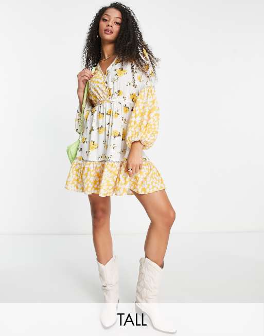 River Island Tall floral ruffle hem mini dress in yellow | ASOS