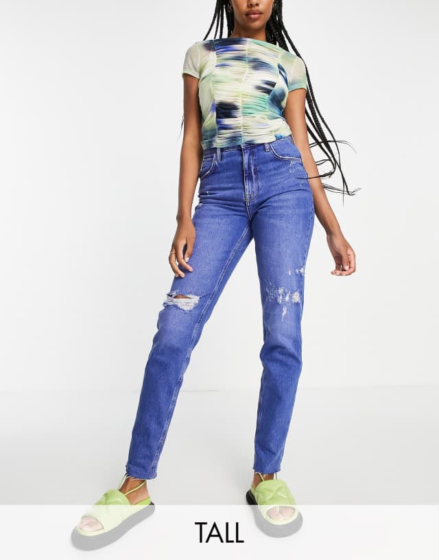 River Island Tall high rise mom jeans with rips in bright blue