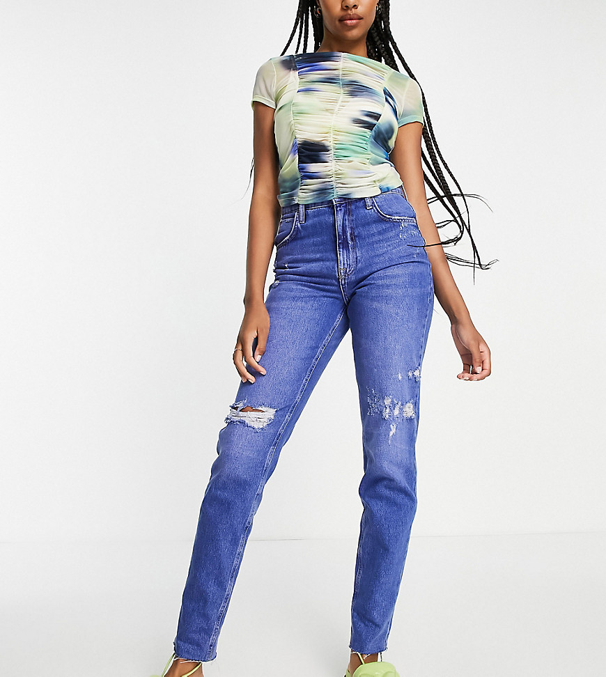 River Island Tall high rise slim mom jean with rips in bright blue