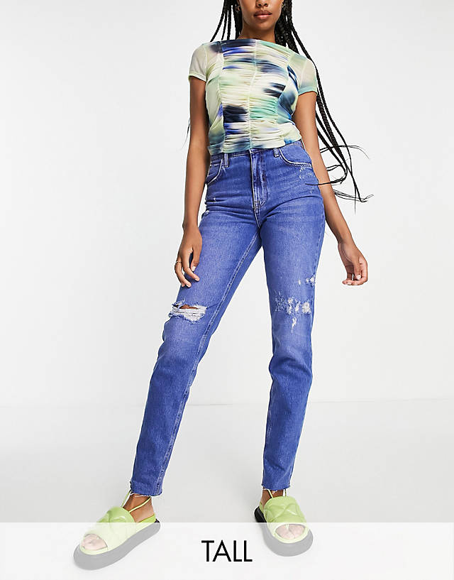 River Island Tall - high rise slim mom jean with rips in bright blue