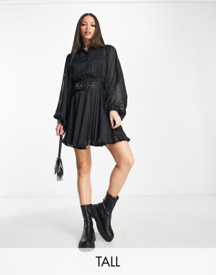 River Island Tall - Kurzes Hemdblusenkleid in Schwarz mit Fledermausärmeln