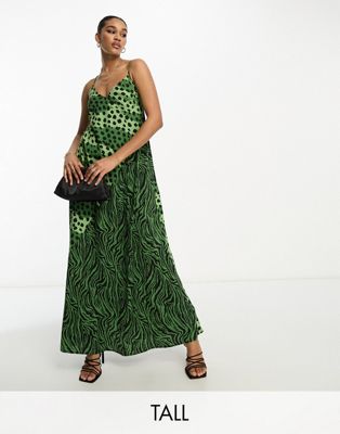 maxi slip dress in khaki mix animal print-Green