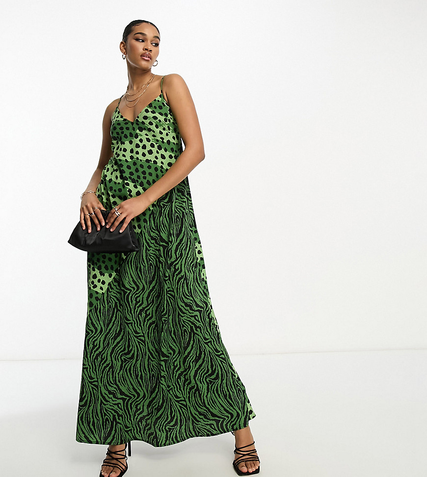 maxi slip dress in khaki mix animal print-Green