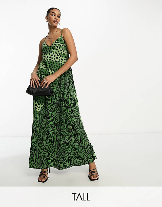 River Island Tall - maxi slip dress in khaki mix animal print