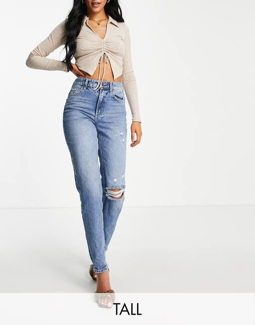 River Island Tall – Niebieskie dopasowane mom jeans z podwyższonym stanem i przetarciami