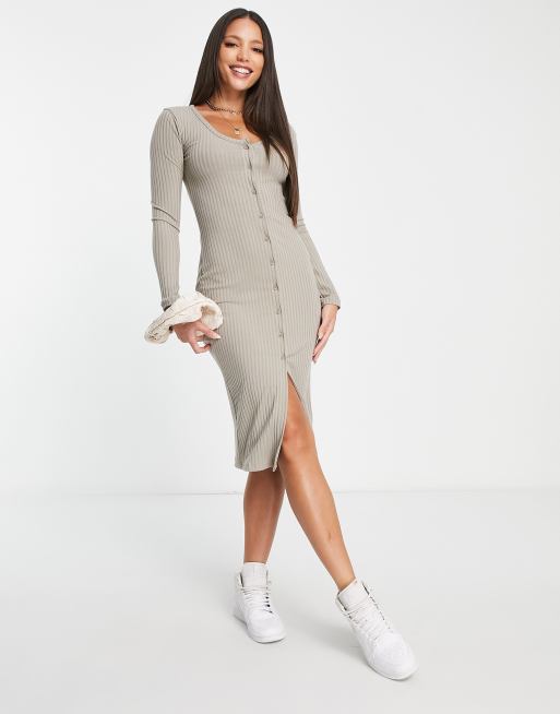 River Island Tall ribbed button front midi dress in khaki