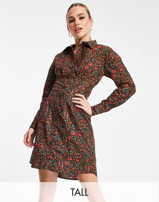 River Island Tall floral pintuck shirt mini dress in brown - ASOS Price Checker
