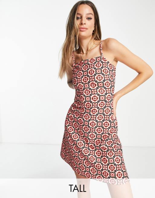 River Island Tall – Röd kort skjortklänning i 60-talsstil med fyrkantig halsringning och knytband