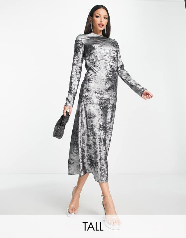 River Island Tall satin slip midi dress in silver