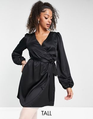 satin wrap mini dress in black
